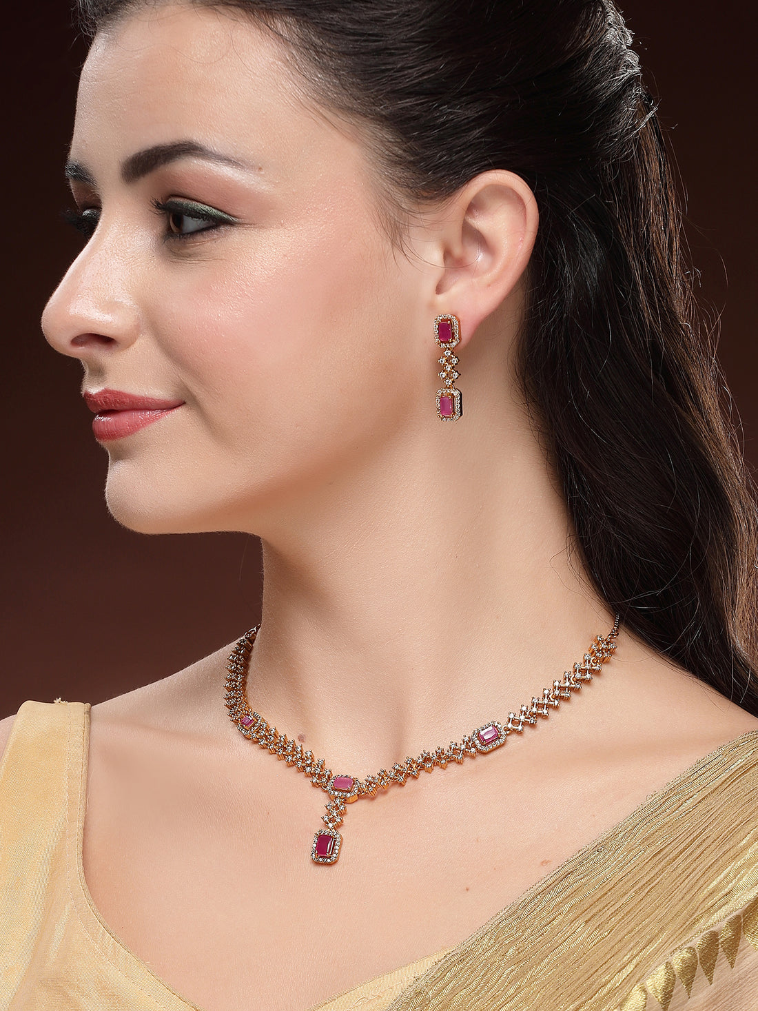 KARATCART Delicate Gold-Toned Necklace Set with Ruby Pink Stones for Women