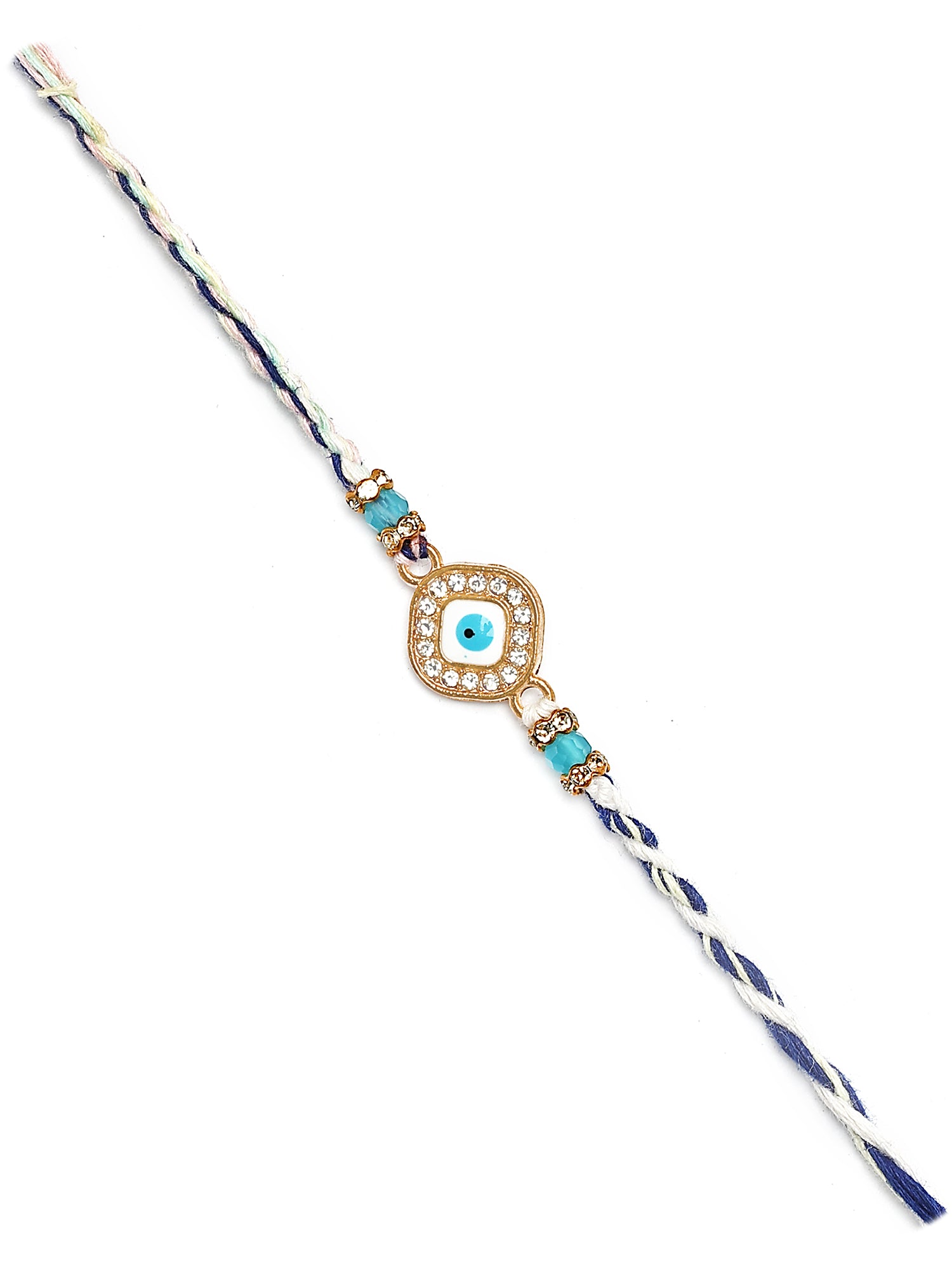 Karatcart Gold Plated Blue American Diamond Square Evil Eye Bhiya Rakhi with Roli & Chawal