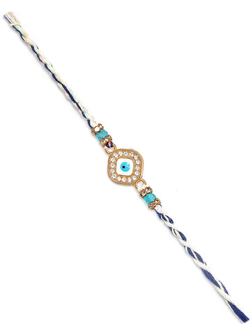 Karatcart Gold Plated Blue American Diamond Square Evil Eye Bhiya Rakhi with Roli & Chawal