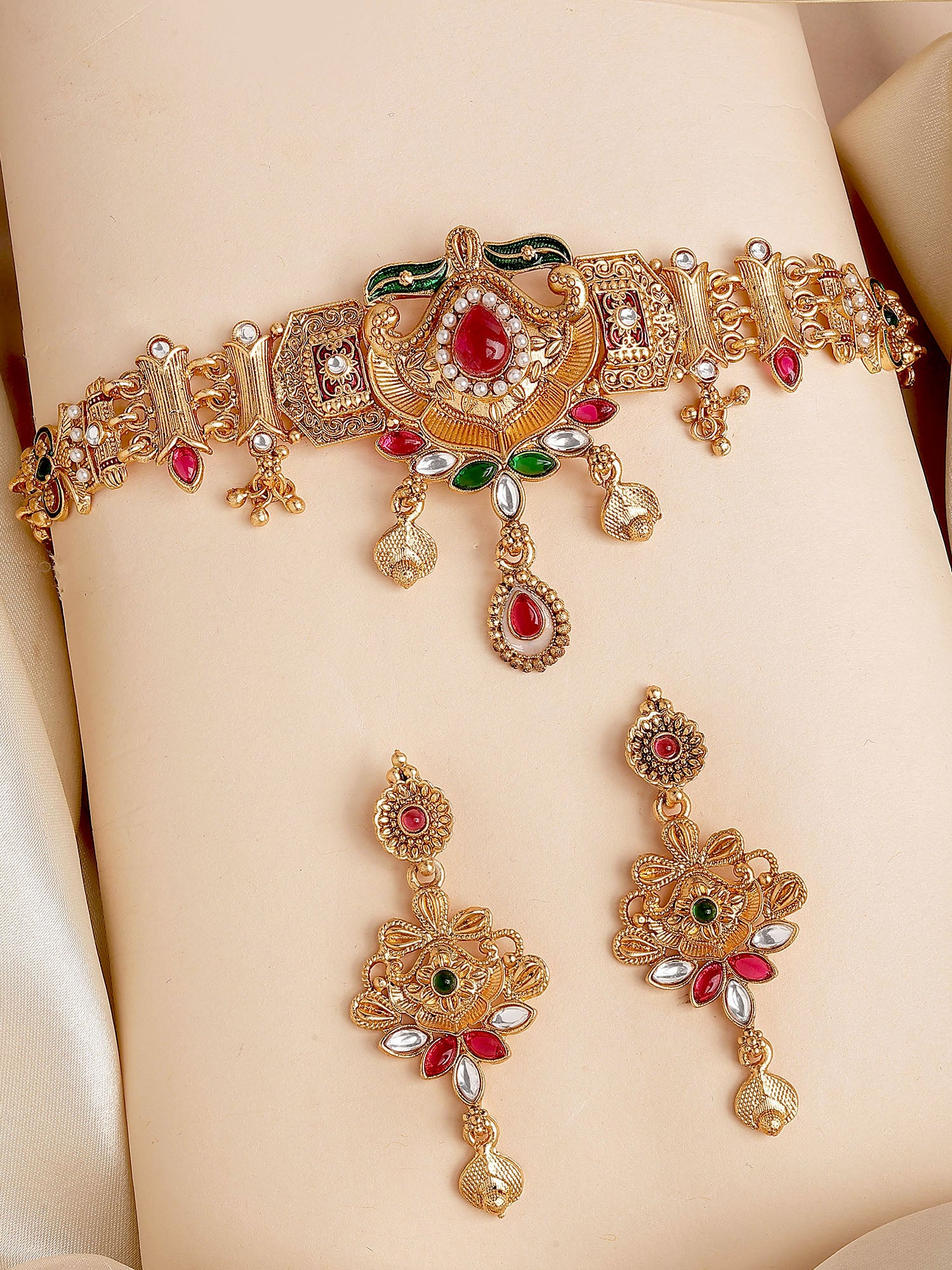 Karatcart Gold Plated Traditional Choker Necklace Set with Red and Green Stones