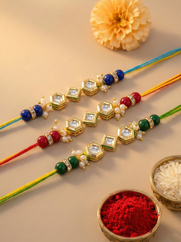 KARATCART Set of 3 Multicolor Beads Designer Polki Kundan Rakhi for Brother with Roli & Chawal