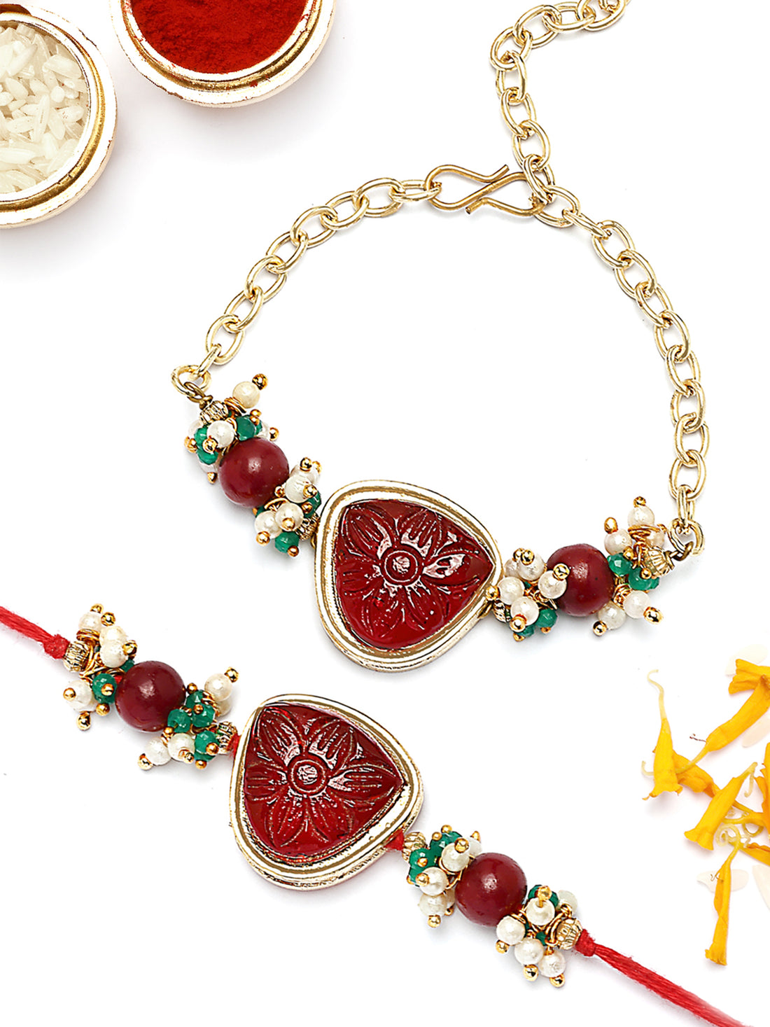 KARATCART Gold Plated Red Carved Stone Kundan Bhaiya Bhabhi Rakhi with Roli & Chawal