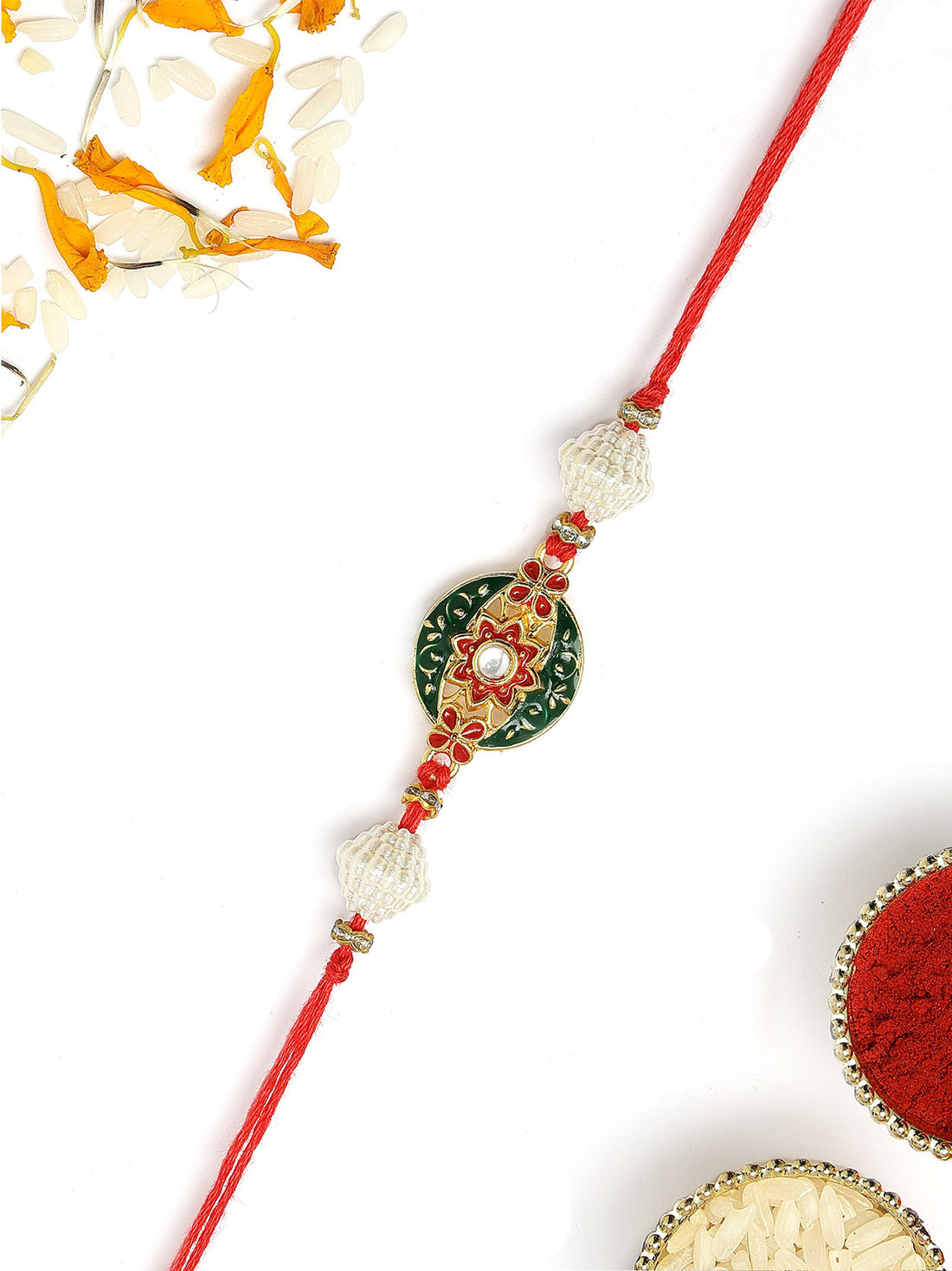 KARATCART Elegant Floral Design Red and Green Meena Handmade Rakhi for Brother with Roli Chawal