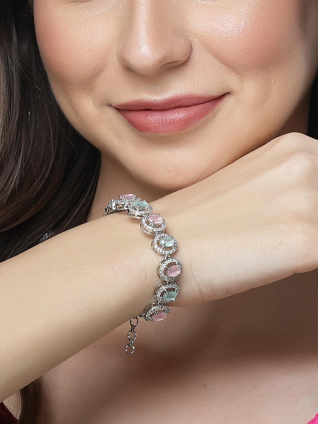 Karatcart Silver Tone Pink and Light Green CZ Studded Bracelet for Women