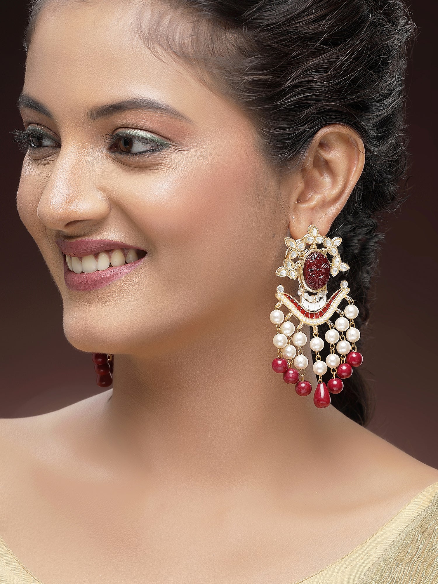 KARATCART Elegant Gold-Plated Red Carved Stone and Pearl Studded Kundan Dangler Earrings for Women - view 2