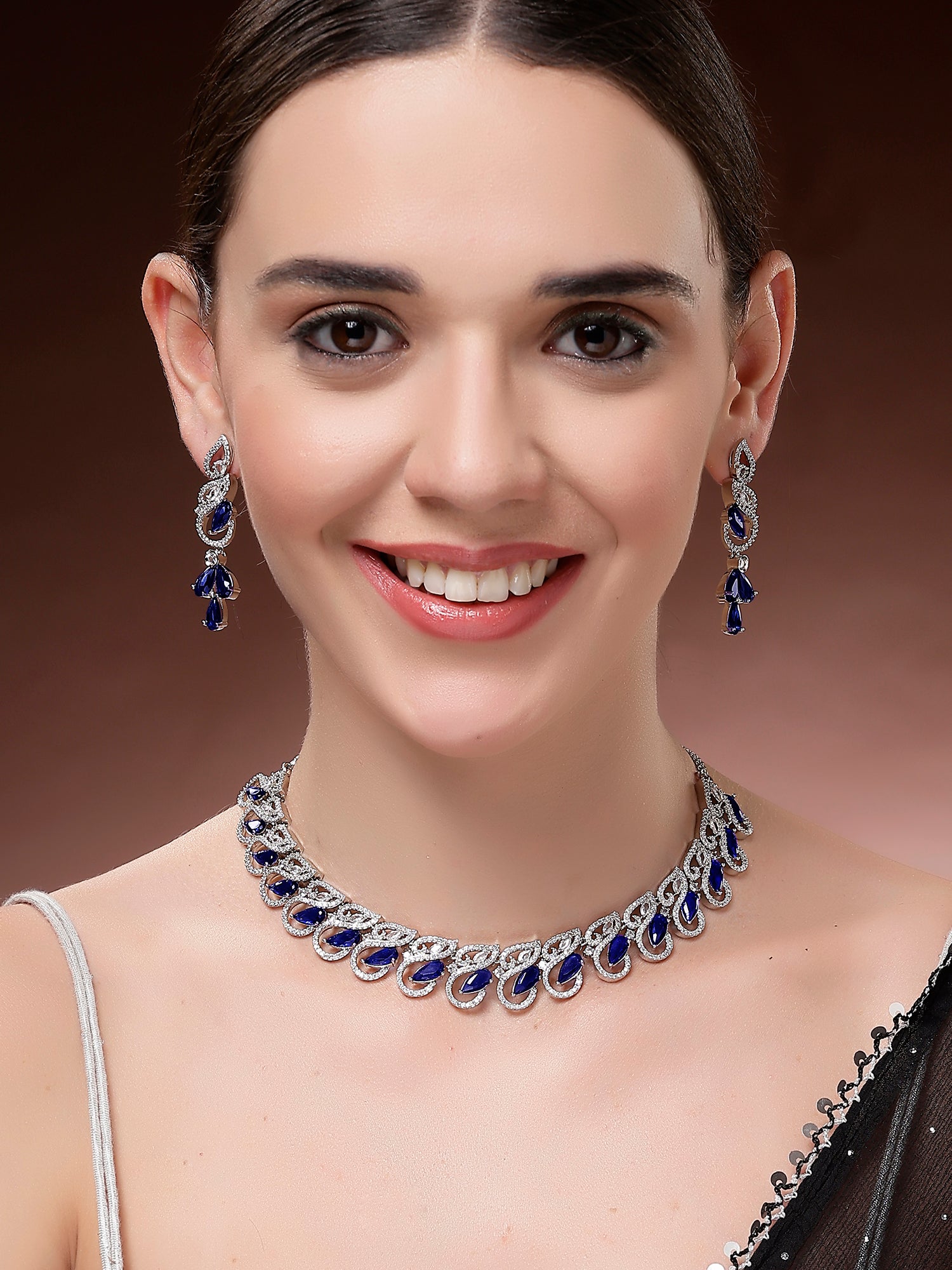 Karatcart Sparkling Blue Drop American Diamond Silver Plated Necklace Set for Women - view 3