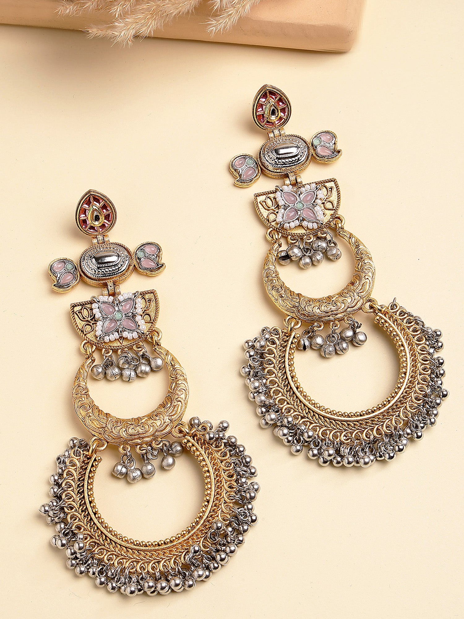 Karatcart Ethnic Gold-Plated Pink Stone Dual Chand Long Dangler Earrings for Women - Image 1