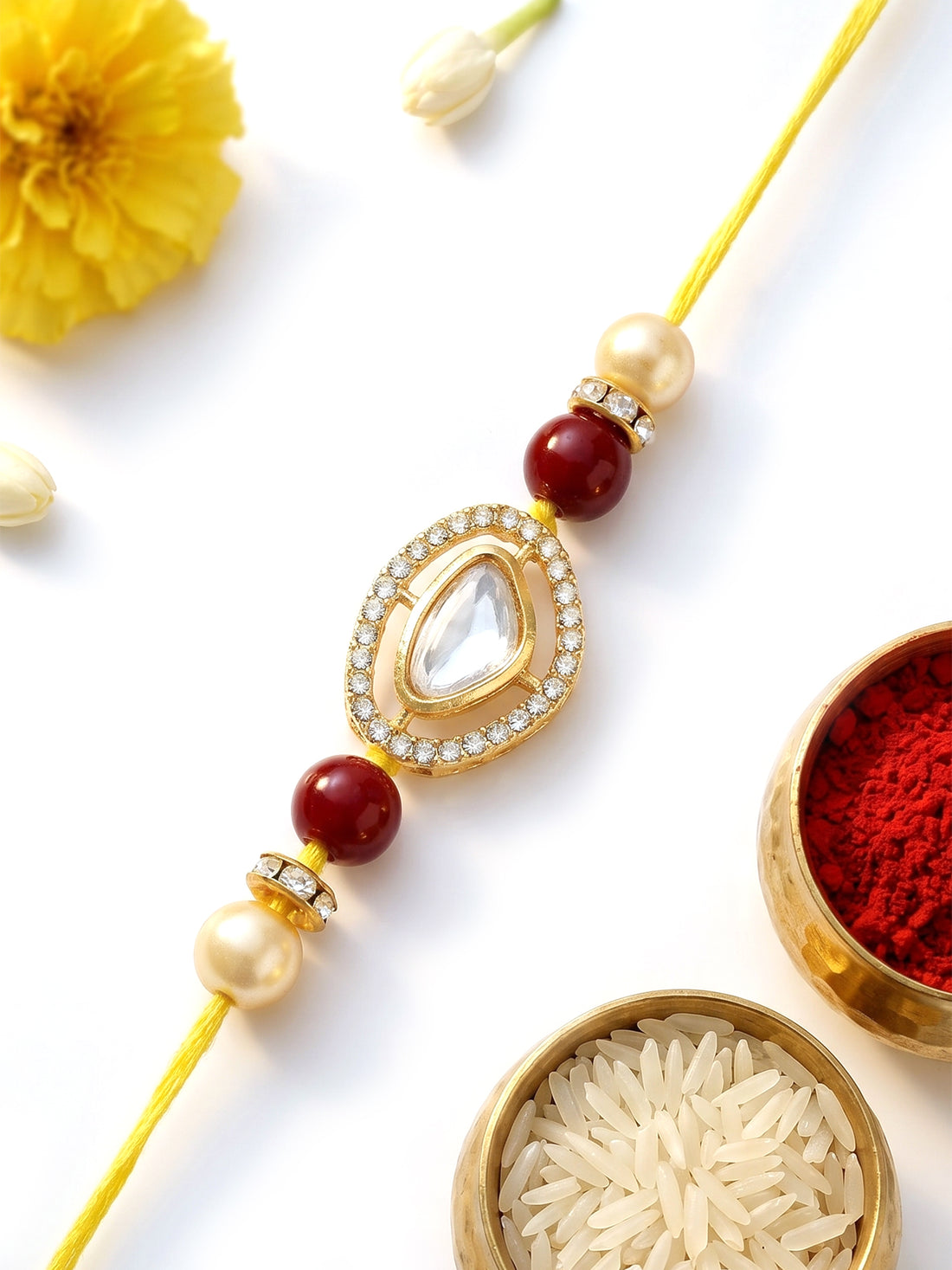 KARATCART Traditional Handmade Red Beads Polki Kundan Rakhi for Brother with Roli & Chawal