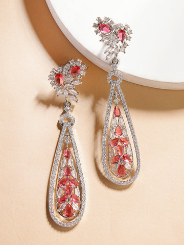 Karatcart Elegant Pink American Diamond Drop Earrings for Women