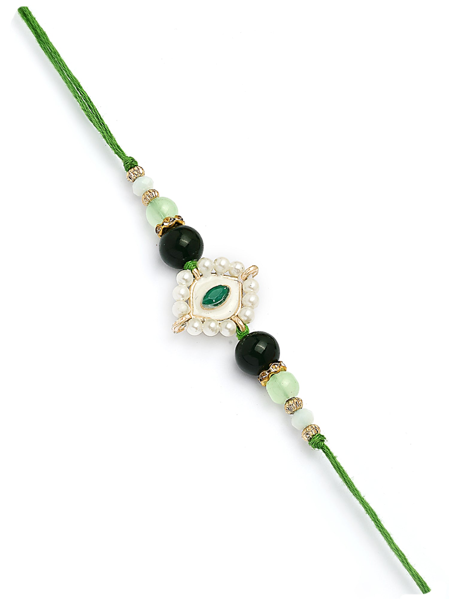 Karatcart Gold Plated Green Evil Eye Kundan Bhiya Bhabhi Rakhi with Roli & Chawal