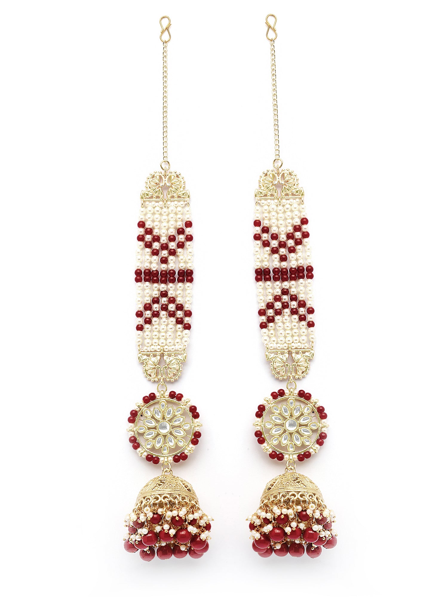 Karatcart Traditional Gold Plated Floral Red Beaded Kundan Jhumki Earrings with Pearl Kaanchain - view 4