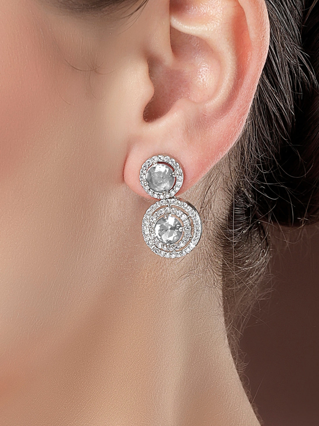 Karatcart Elegant Silver-Tone Round American Diamond Drop Earrings for Women