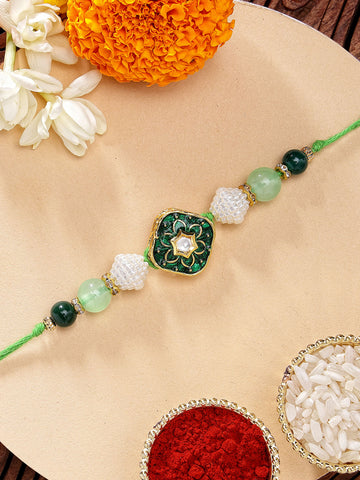 KARATCART Beautiful Green Meena Floral Design Handmade Kundan Rakhi for Brother with Roli & Chawal