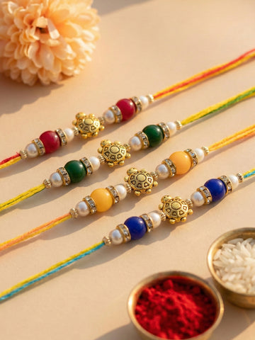 KARATCART Set of 4 Turtle Charm Beaded Rakhi for Brother with Roli & Chawal