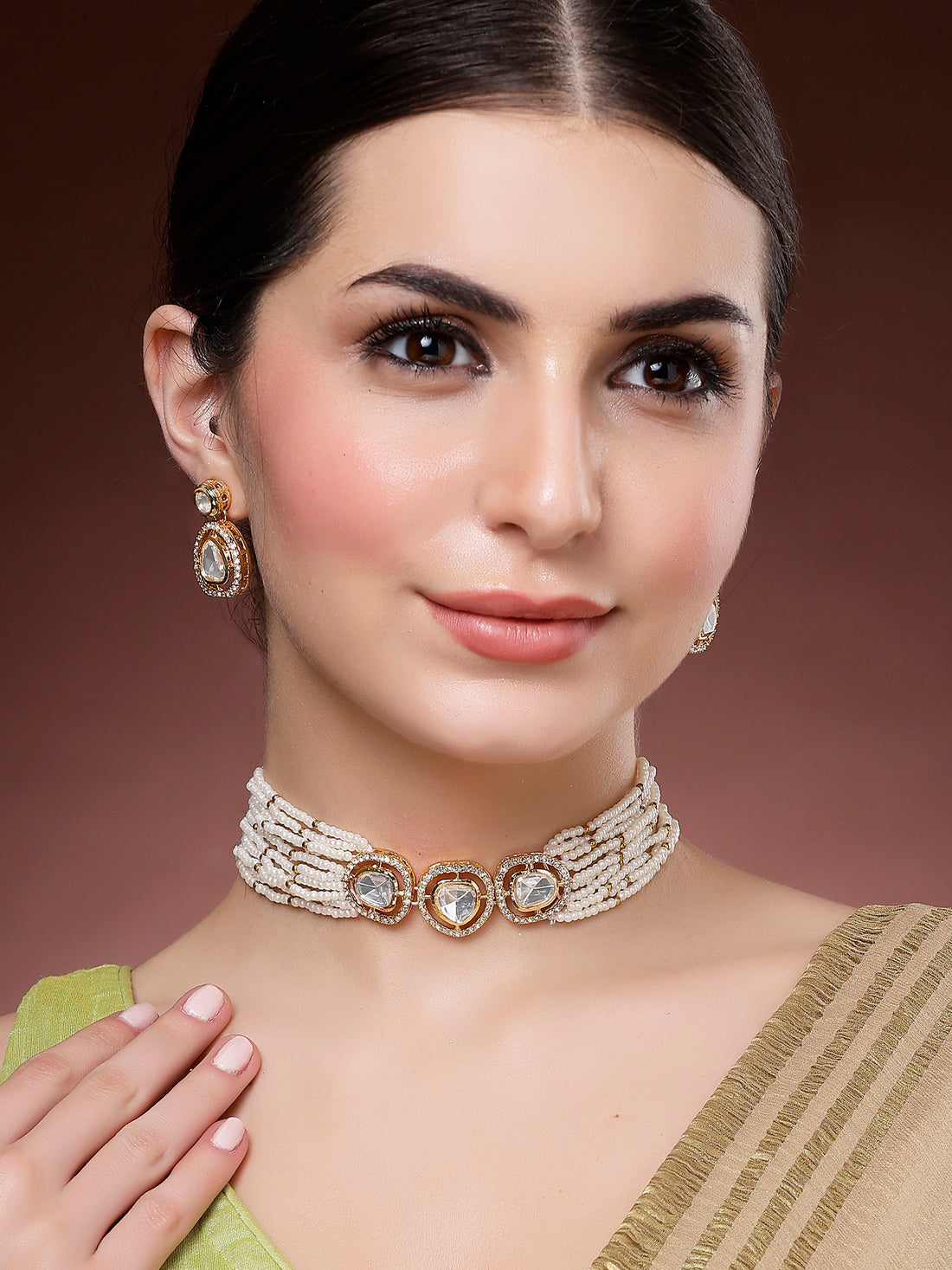 Karatcart Lightweight Polki Kundan Beaded Choker Necklace Set for Women
