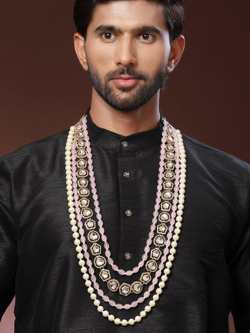 Karatcart Polki Kundan Pearl and Pink Tumble Maharaja Haar for Men