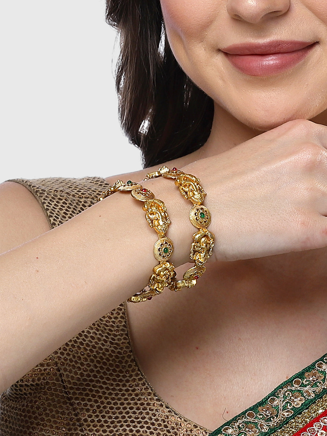 Karatcart Gold Plated Lord Ganesha Set of 2 Temple Bangles Set for Women