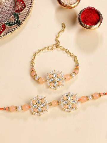 KARATCART Gold Plated Peach Beads Floral Kundan Bhaiya Bhabhi Rakhi with Roli & Chawal