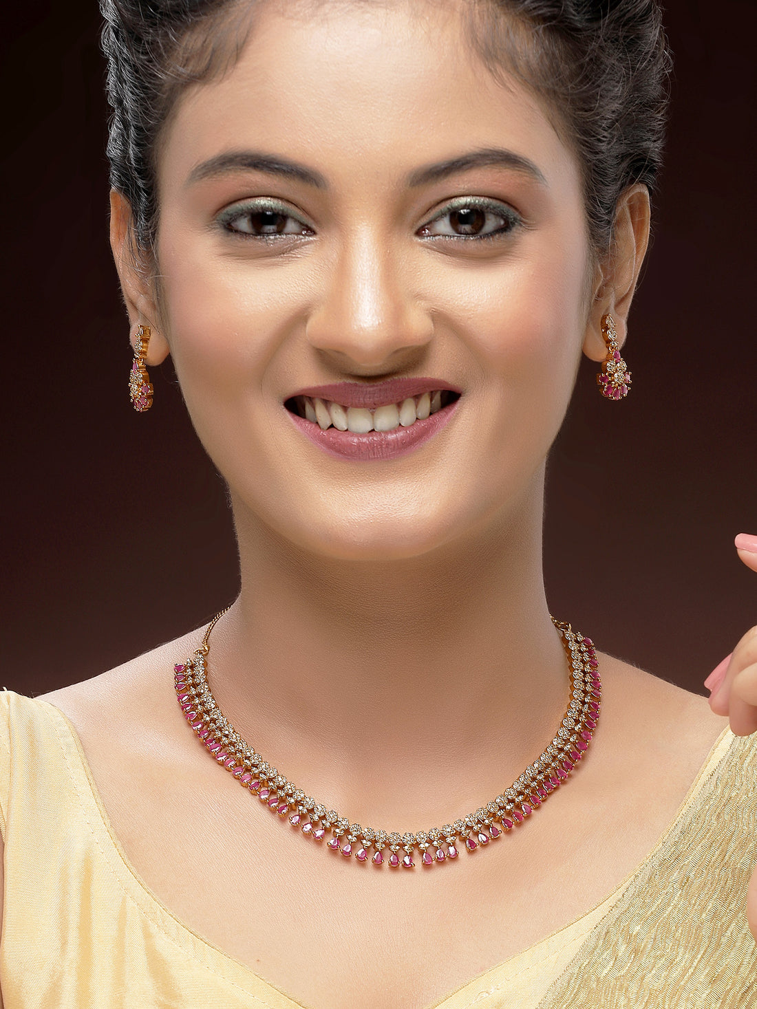KARATCART Elegant Gold-Plated Pink Drop American Diamond Jewellery Set for Women