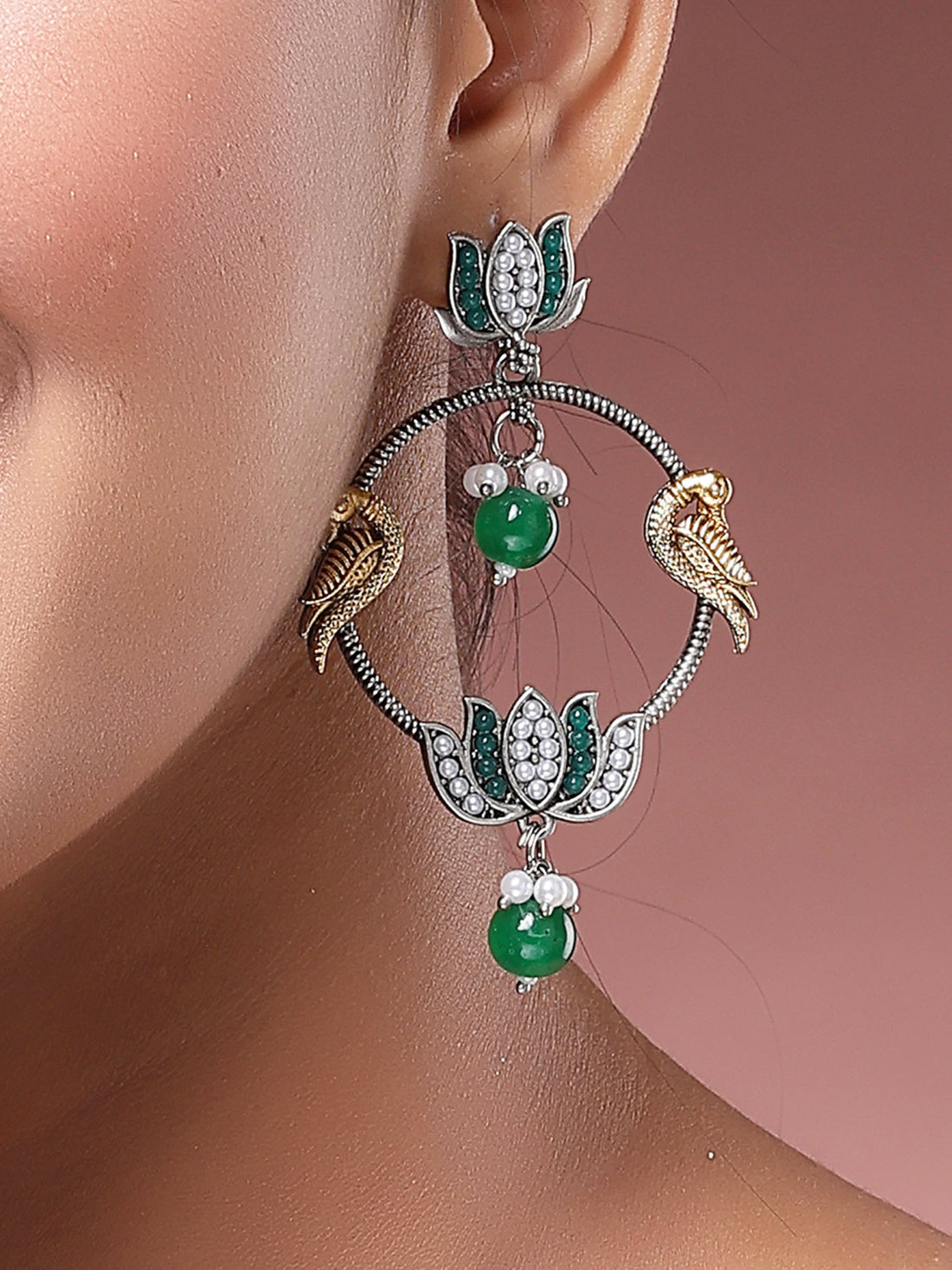 Karatcart Oxidised Silver Green Lotus Tribal Drop Earrings for Women