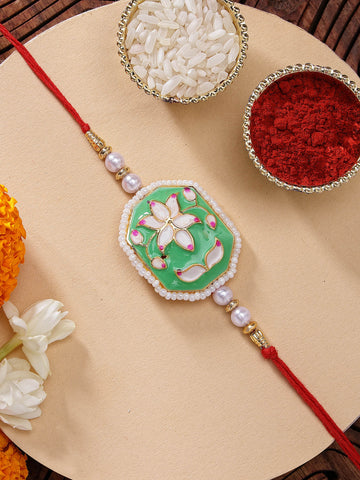 KARATCART Vibrant Light Green Meenakari Lotus Design Handmade Rakhi for Brother with Roli Chawal