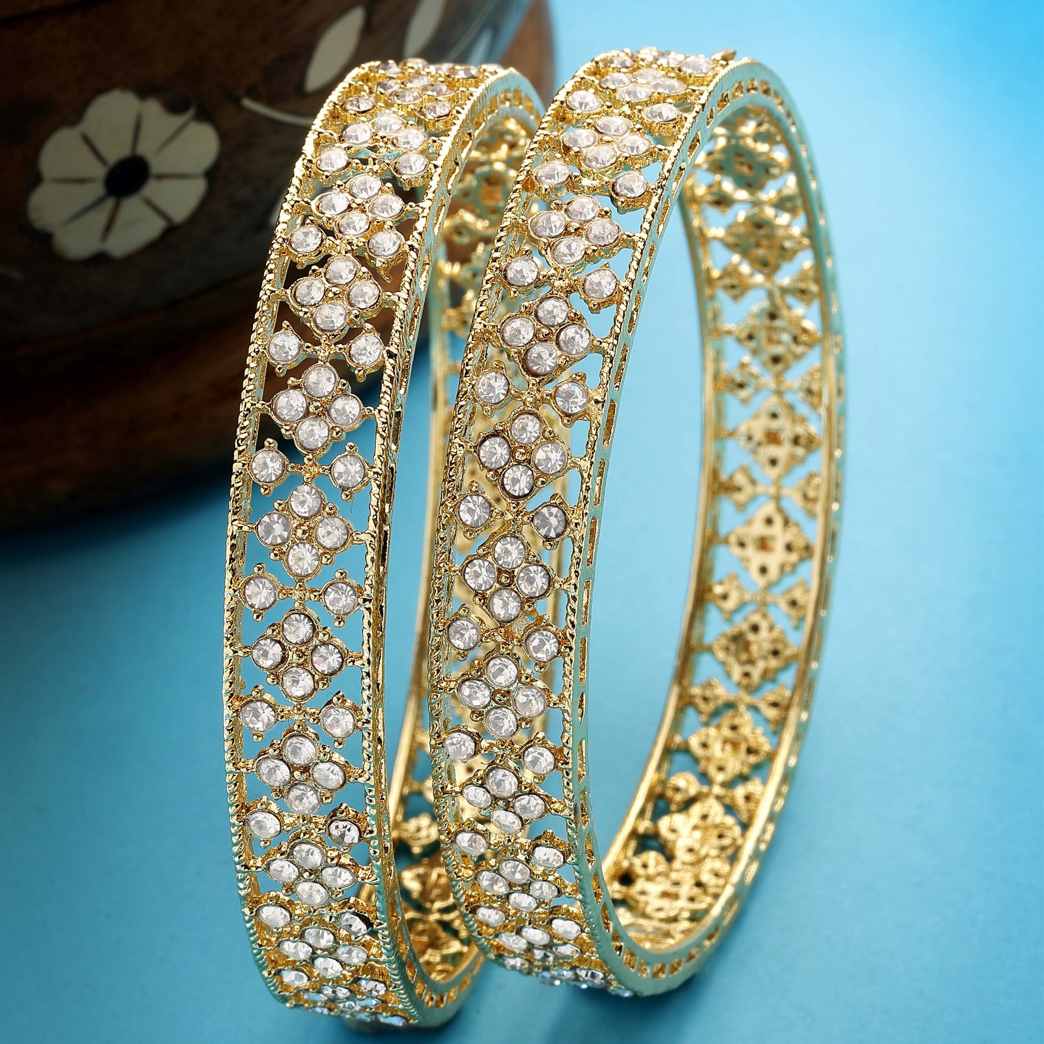 Karatcart American Diamond Studded Gold Plated Set of 2 Bangles for Women