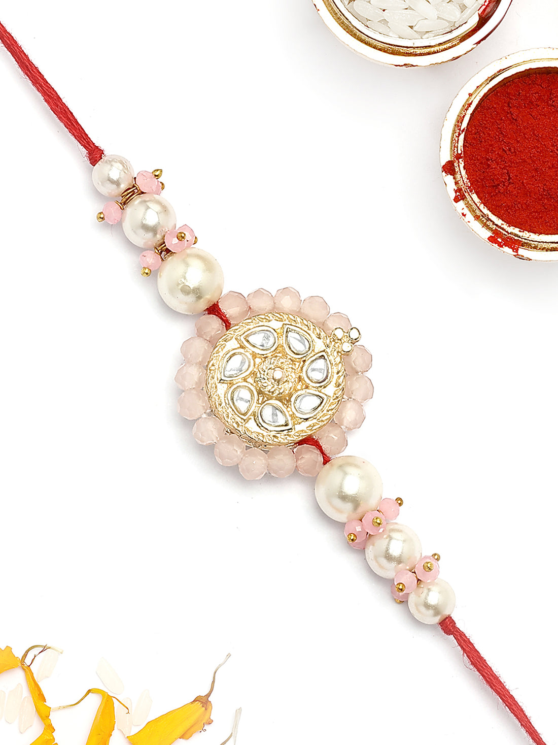 KARATCART Gold Plated Pink Crystal Floral Kundan Bhaiya Rakhi with Roli & Chawal
