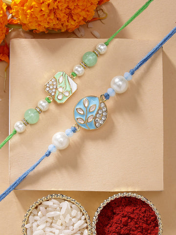 KARATCART Set of 2 Blue and Lime Green Handmade Kundan Rakhi for Brother with Roli & Chawal