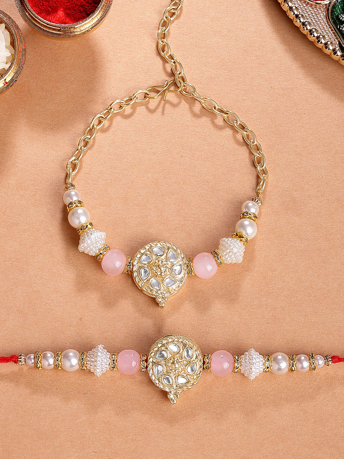 Karatcart Gold Plated Pink Beads Floral Kundan Bhiya Bhabhi Rakhi with Roli & Chawal