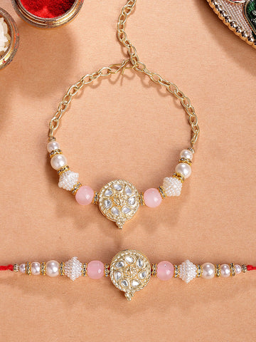 KARATCART Gold Plated Pink Beads Floral Kundan Bhaiya Bhabhi Rakhi with Roli & Chawal