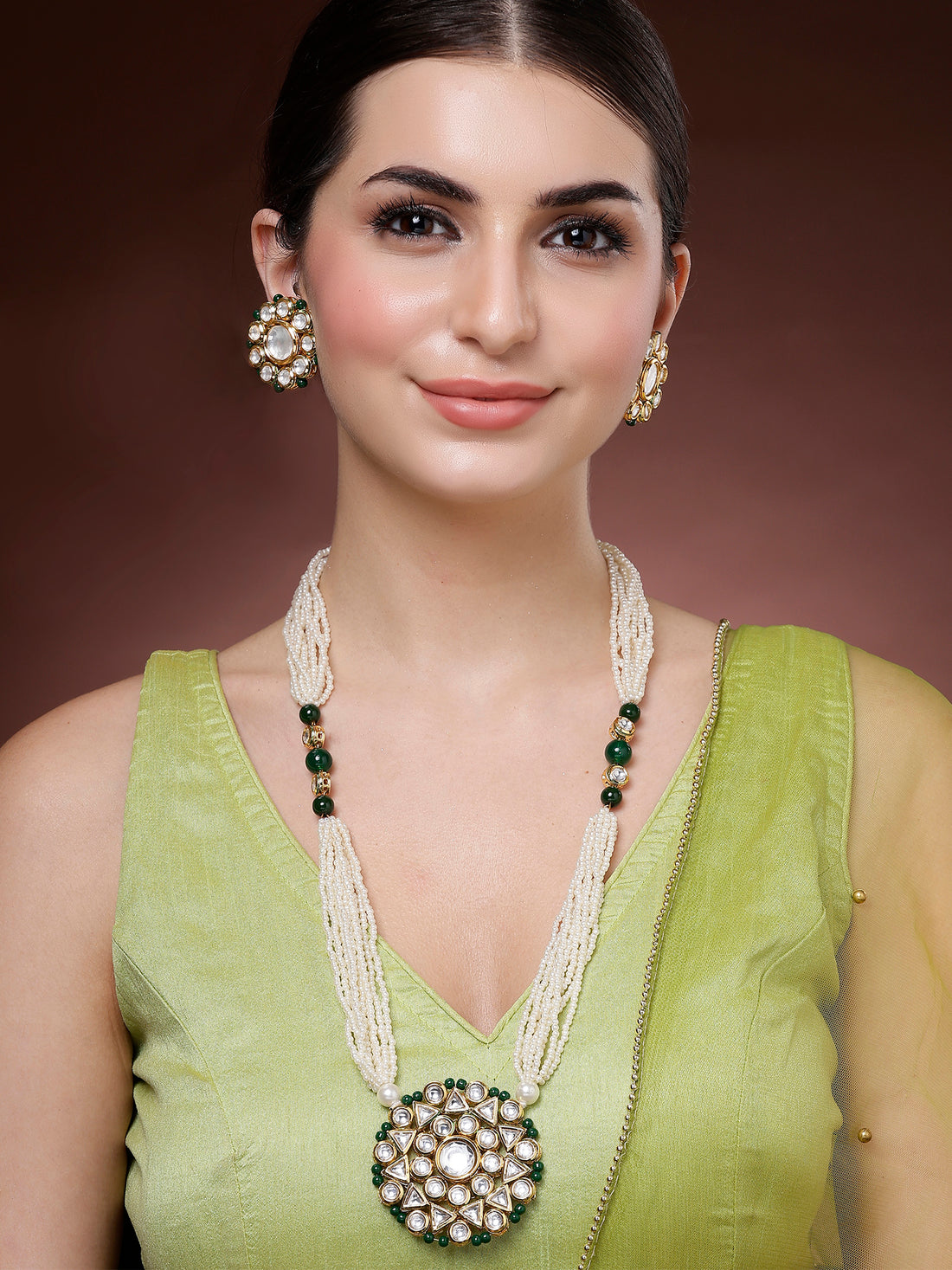 Karatcart Green Beads Polki Kundan Long Rani Haar Necklace Set for Women