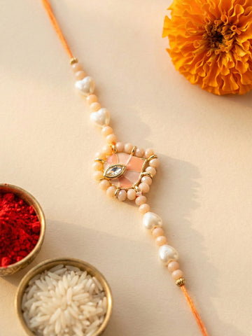 KARATCART Gold Plated Peach Heart Enamel Kundan Bhaiya Rakhi with Roli & Chawal
