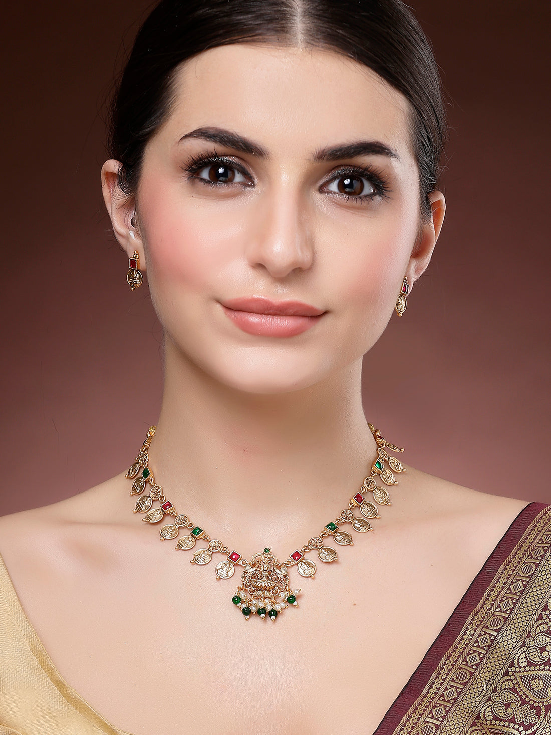 Karatcart Green Beads Engraved Coin Design Laxmi Mata Necklace Set for Women