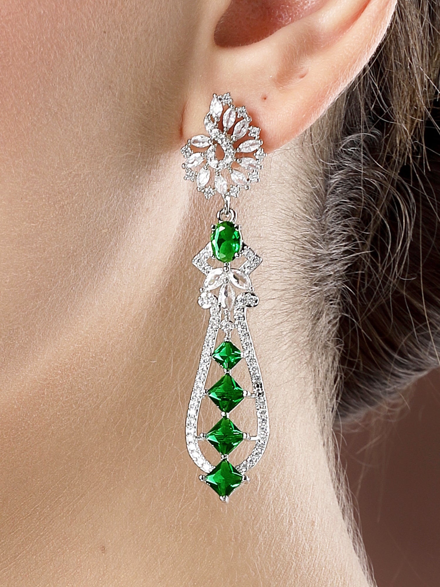 Karatcart Elegant Peacock Design Green American Diamond Drop Earrings for Women
