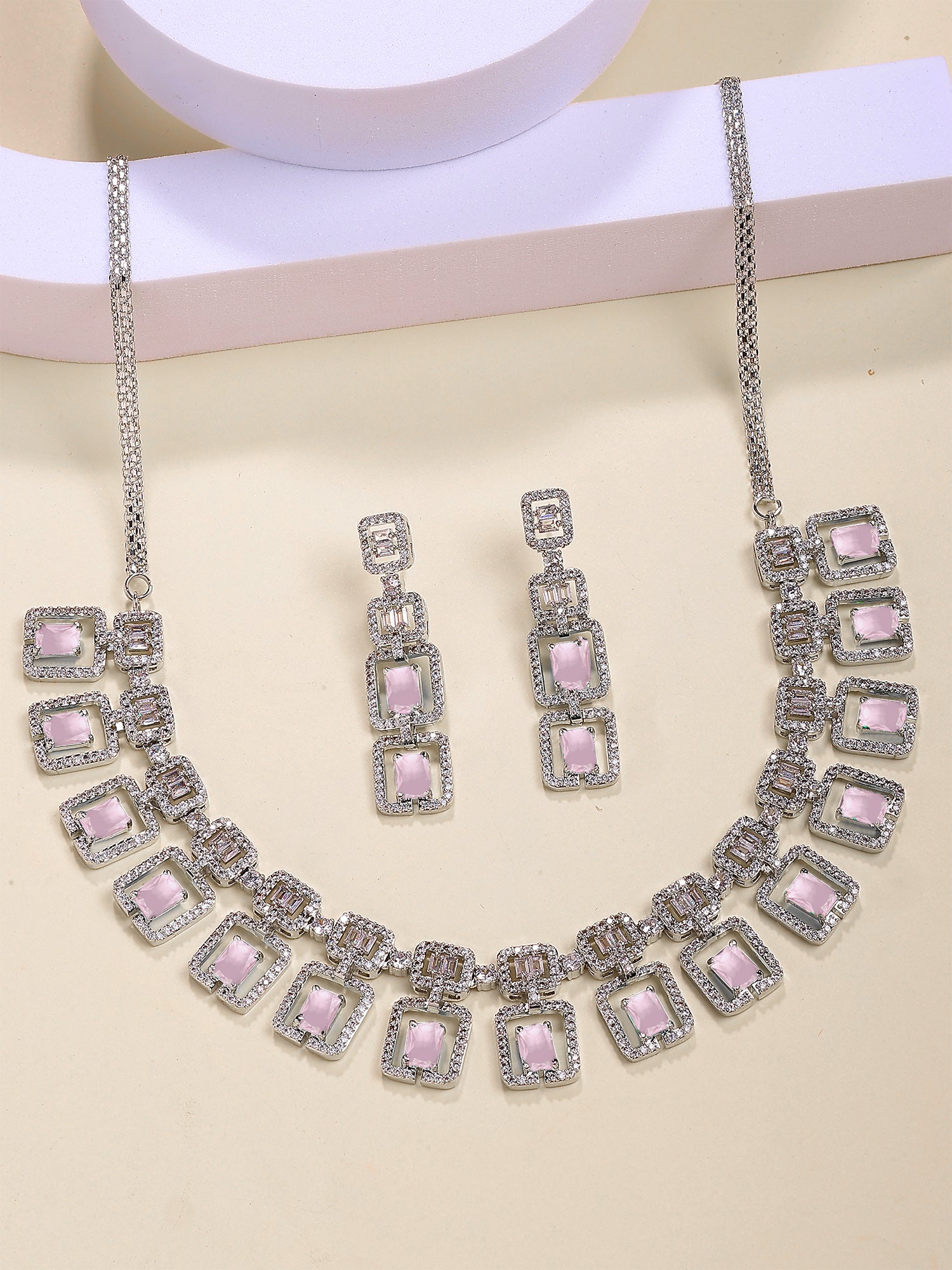 Karatcart Dazzling Silver Plated Pink Square American Diamond Necklace Set for Women