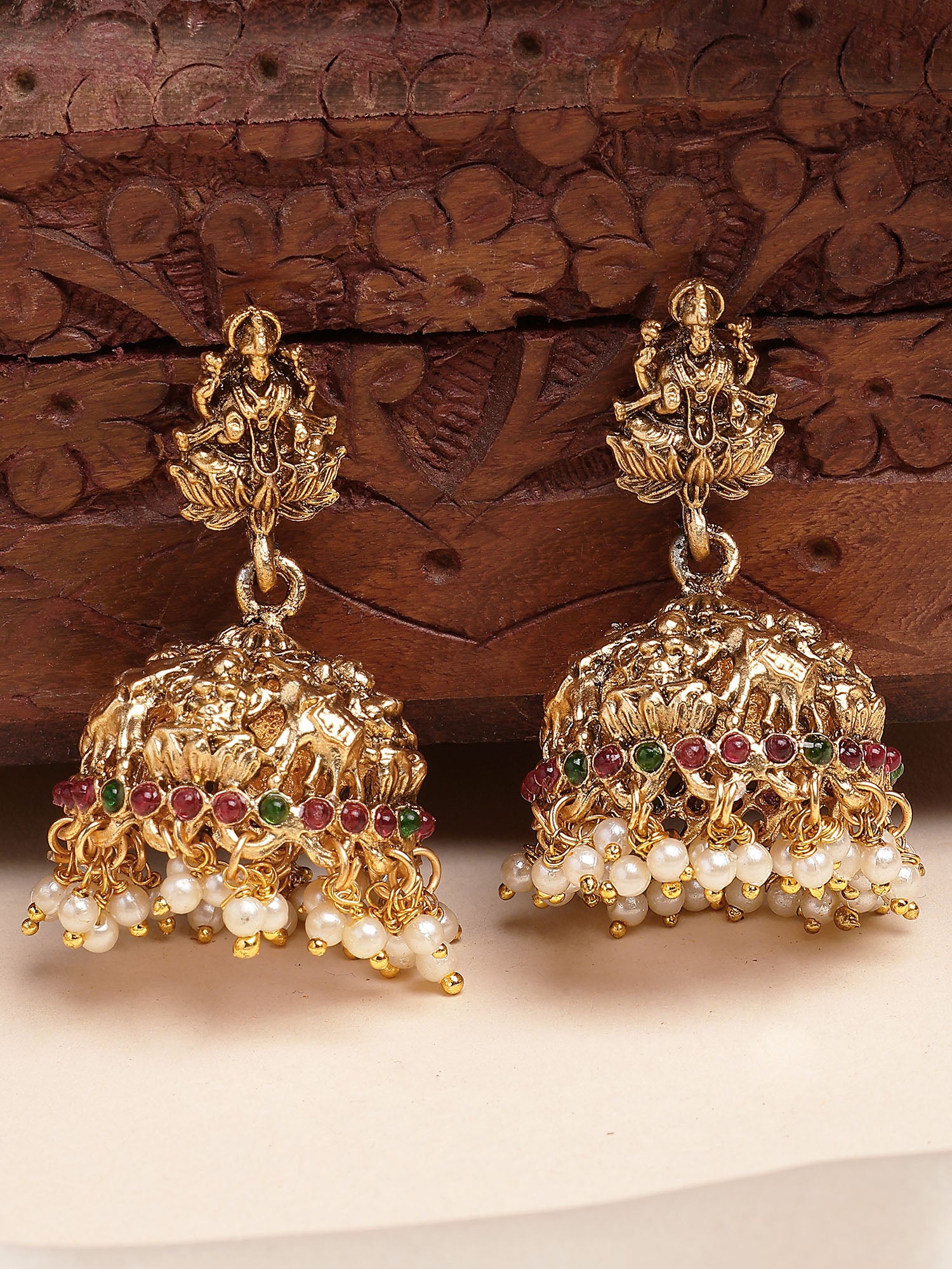 Karatcart Ethnic Gold Plated South Indian Style Laxmi Mata Jhumka Earrings for Women