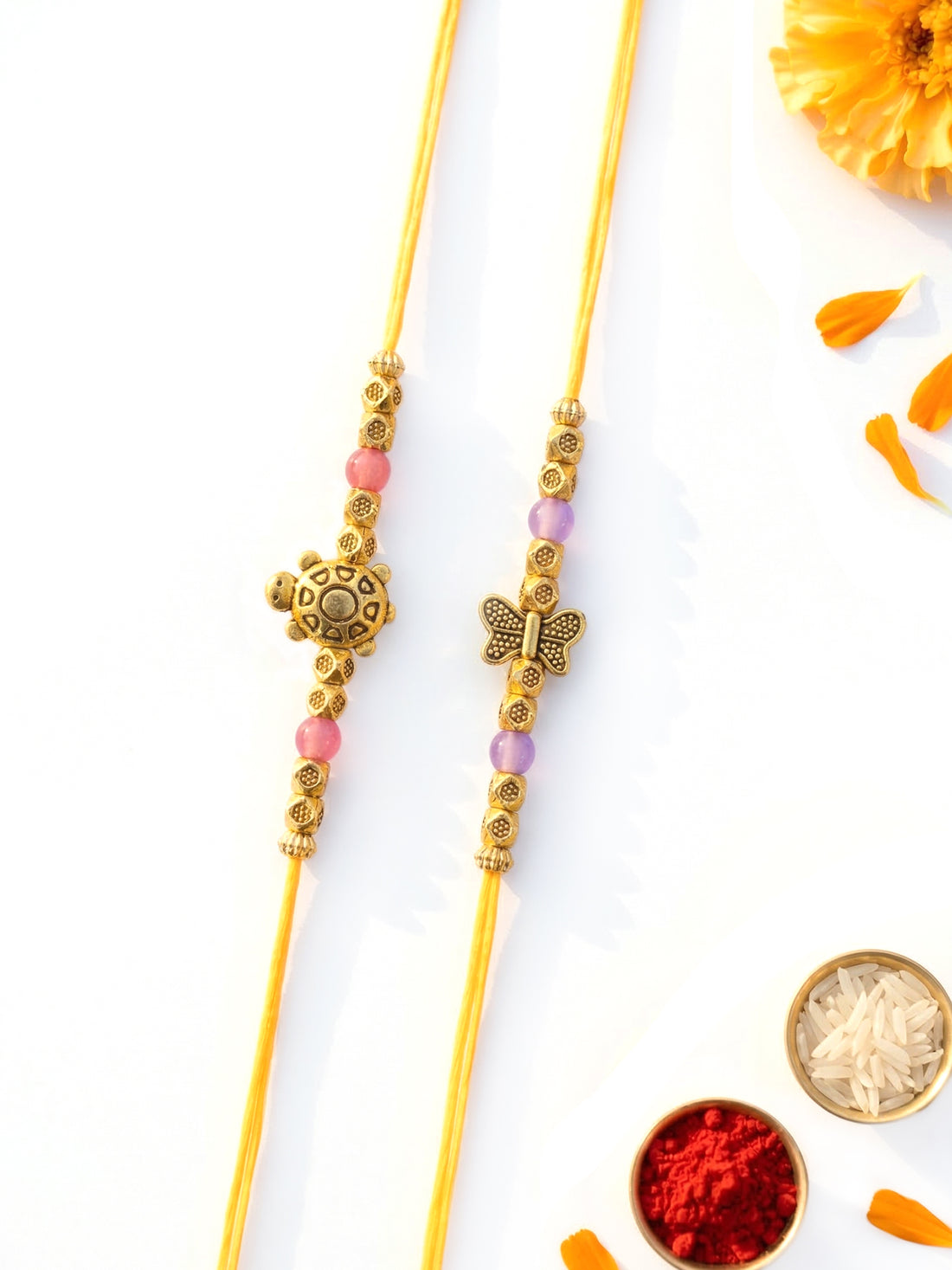KARATCART Set of 2 Turtle & Butterfly Design Kundan Rakhi for Brother with Roli Chawal