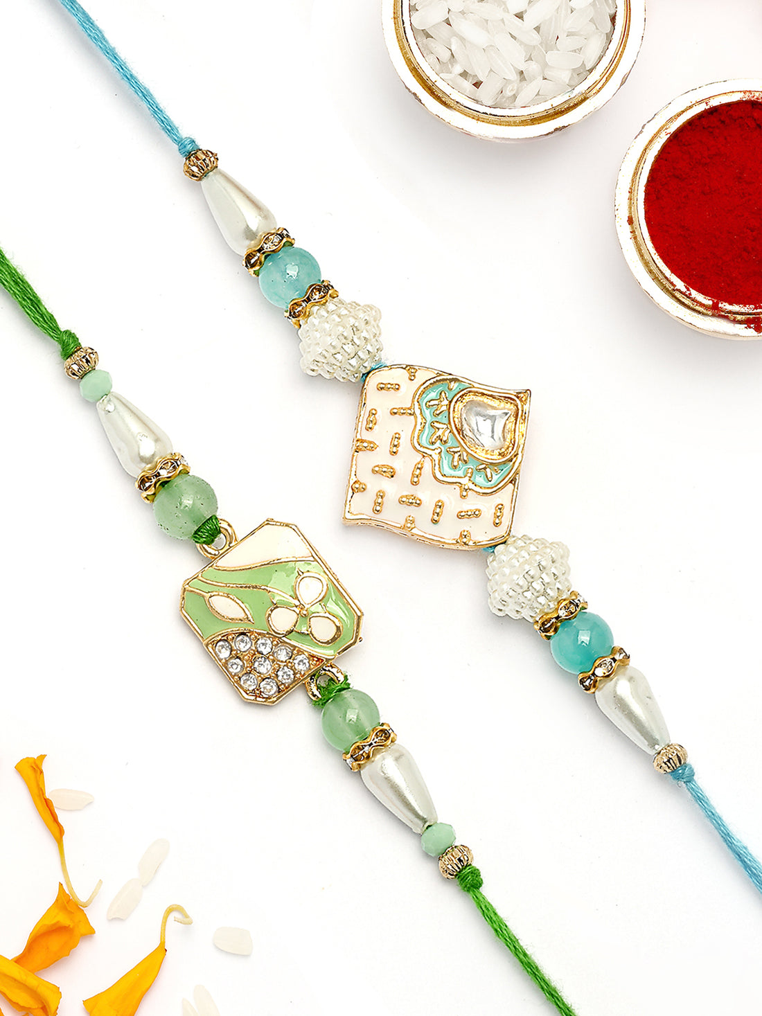 KARATCART Set of 2 White and Light Green Enamel Floral Kundan Rakhi for Brother with Roli & Chawal