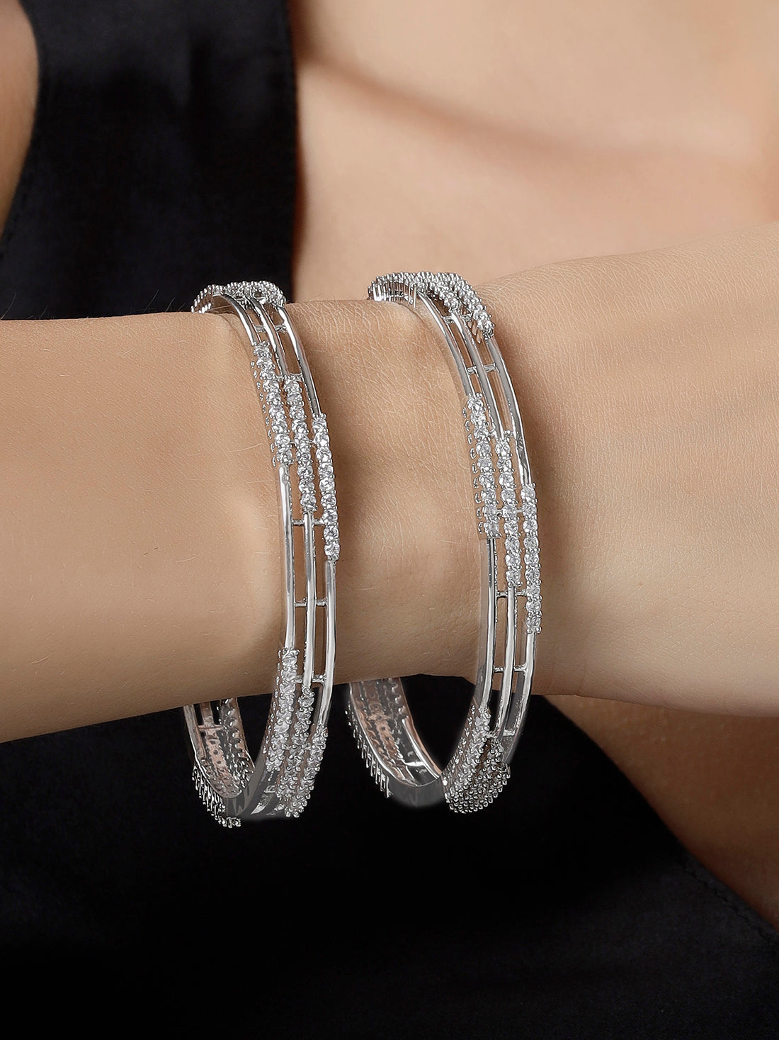 Karatcart Silver Plated Set of 2 American Diamond Studded Bangles for Women