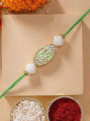 KARATCART Beautiful Lime Green Floral Meenakari Handmade Rakhi for Brother with Roli & Chawal
