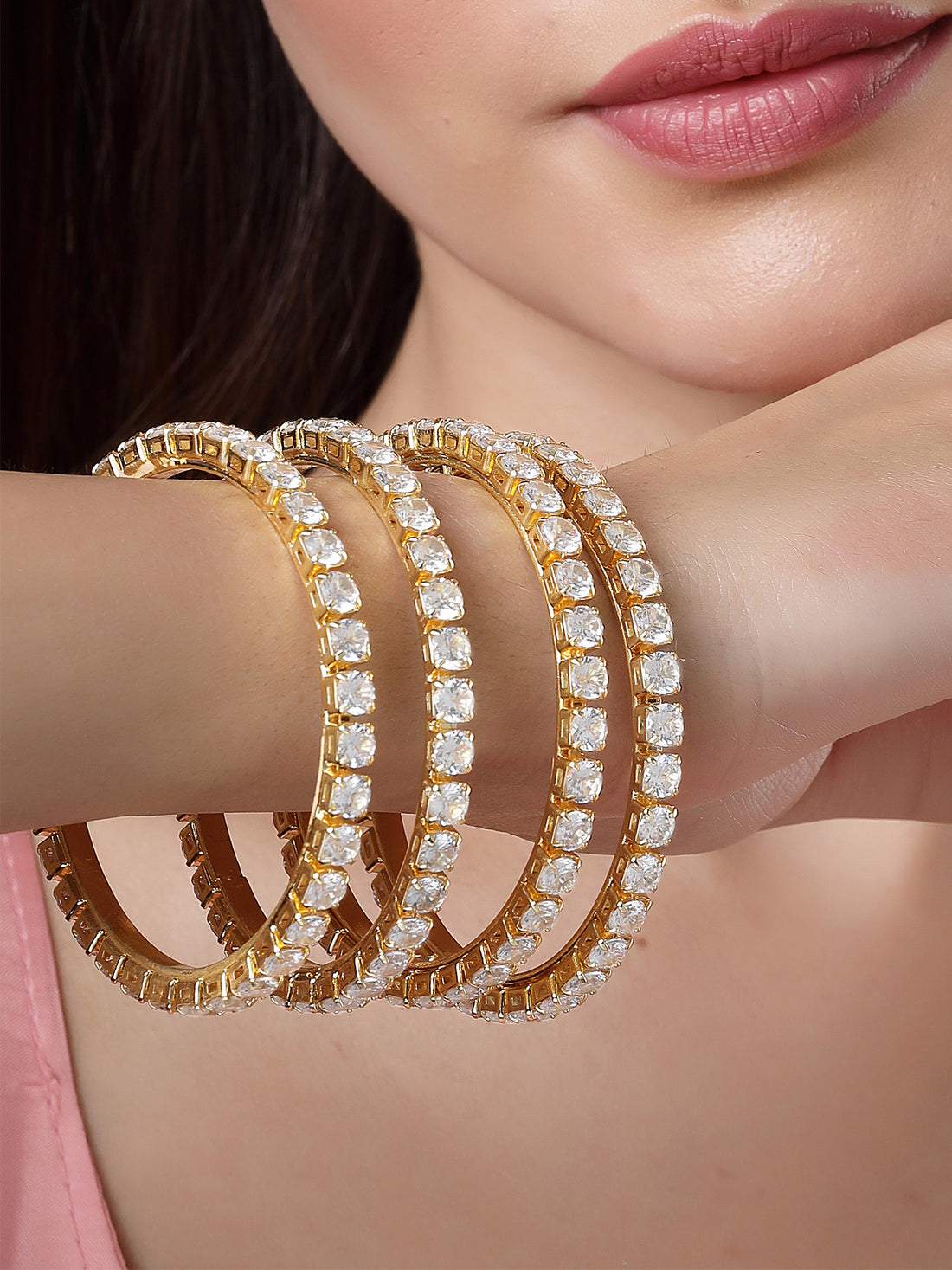 Karatcart Set of 4 Gold Plated Round American Diamond Studded Bangles for Women