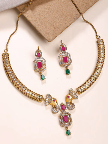 KARATCART Royal Gold-Plated Elephant Motif American Diamond Temple Jewellery Set for Women