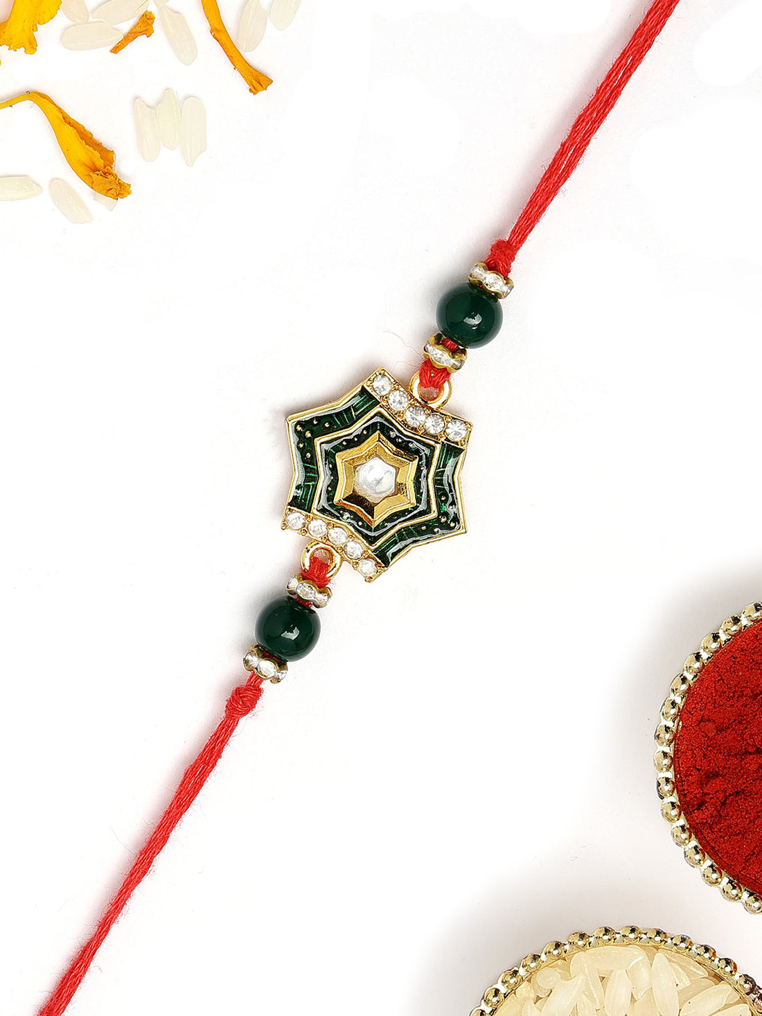 KARATCART Vibrant Green Meena Handmade Star Shape Kundan Rakhi for Brother with Roli & Chawal