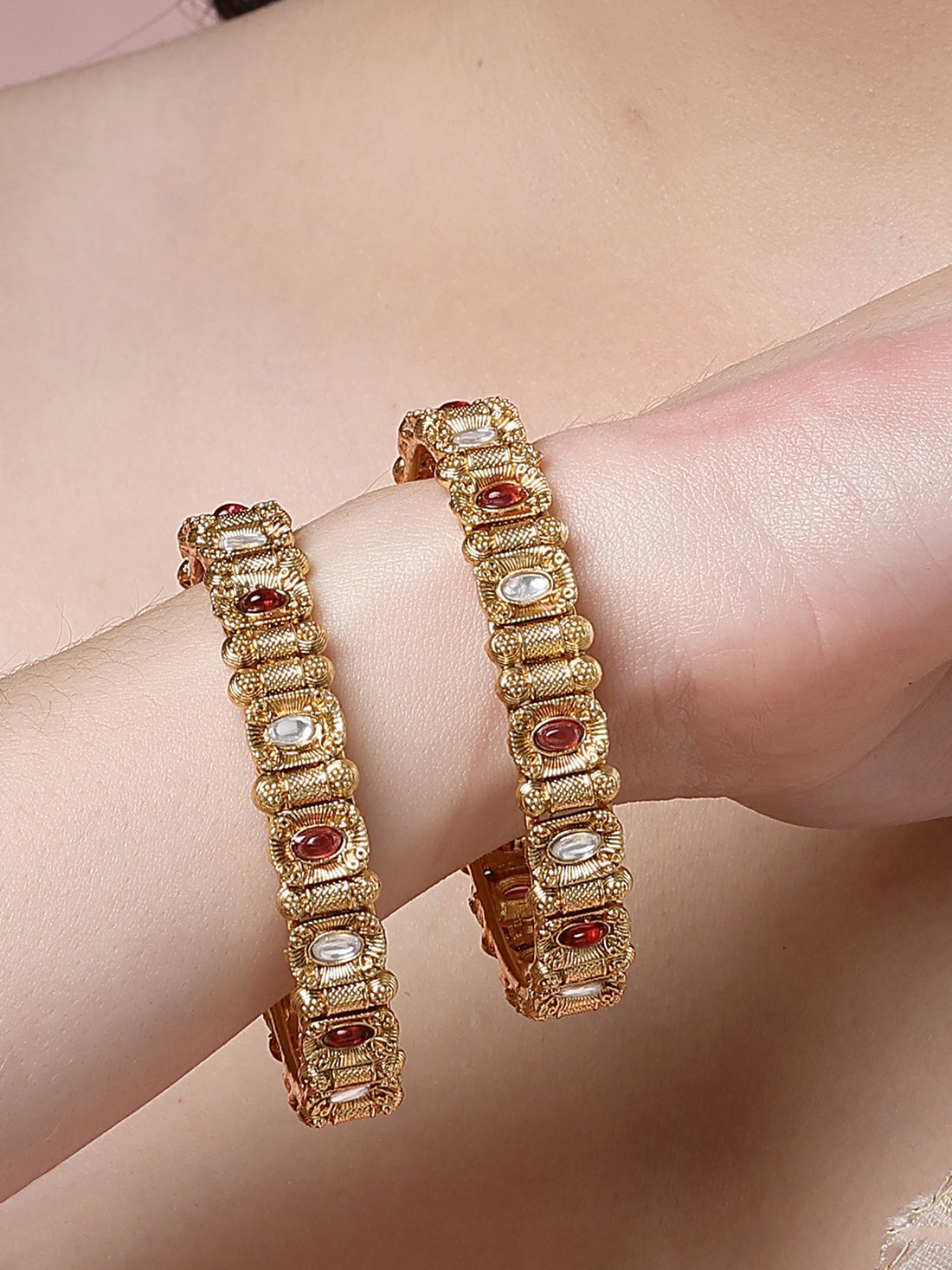 Karatcart Set of 2 Gold Plated Red and White Stone Studded Bangles for Women