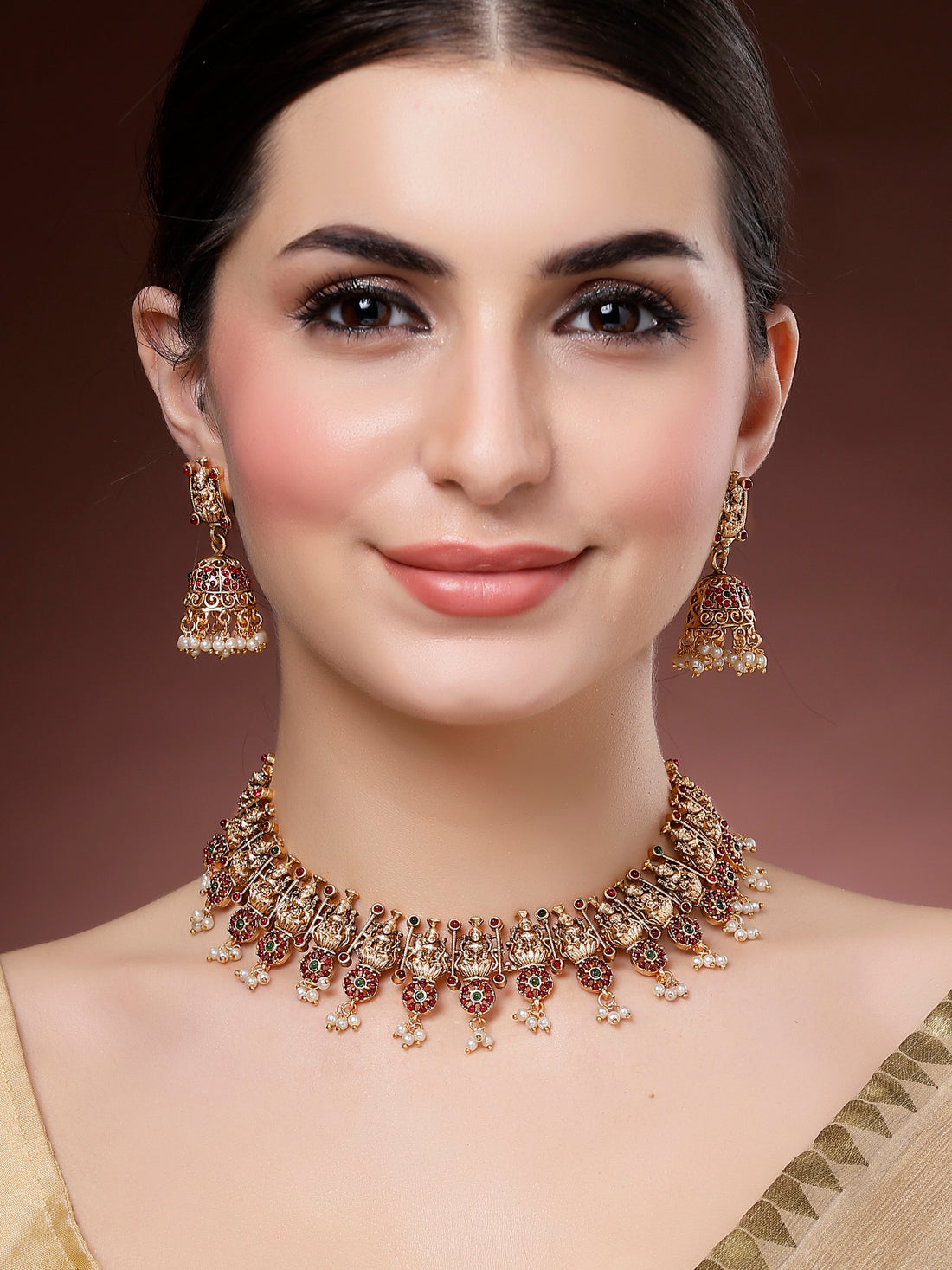 Karatcart Red and Green Stone Laxmi Mata and Floral Temple Jewellery Set for Women