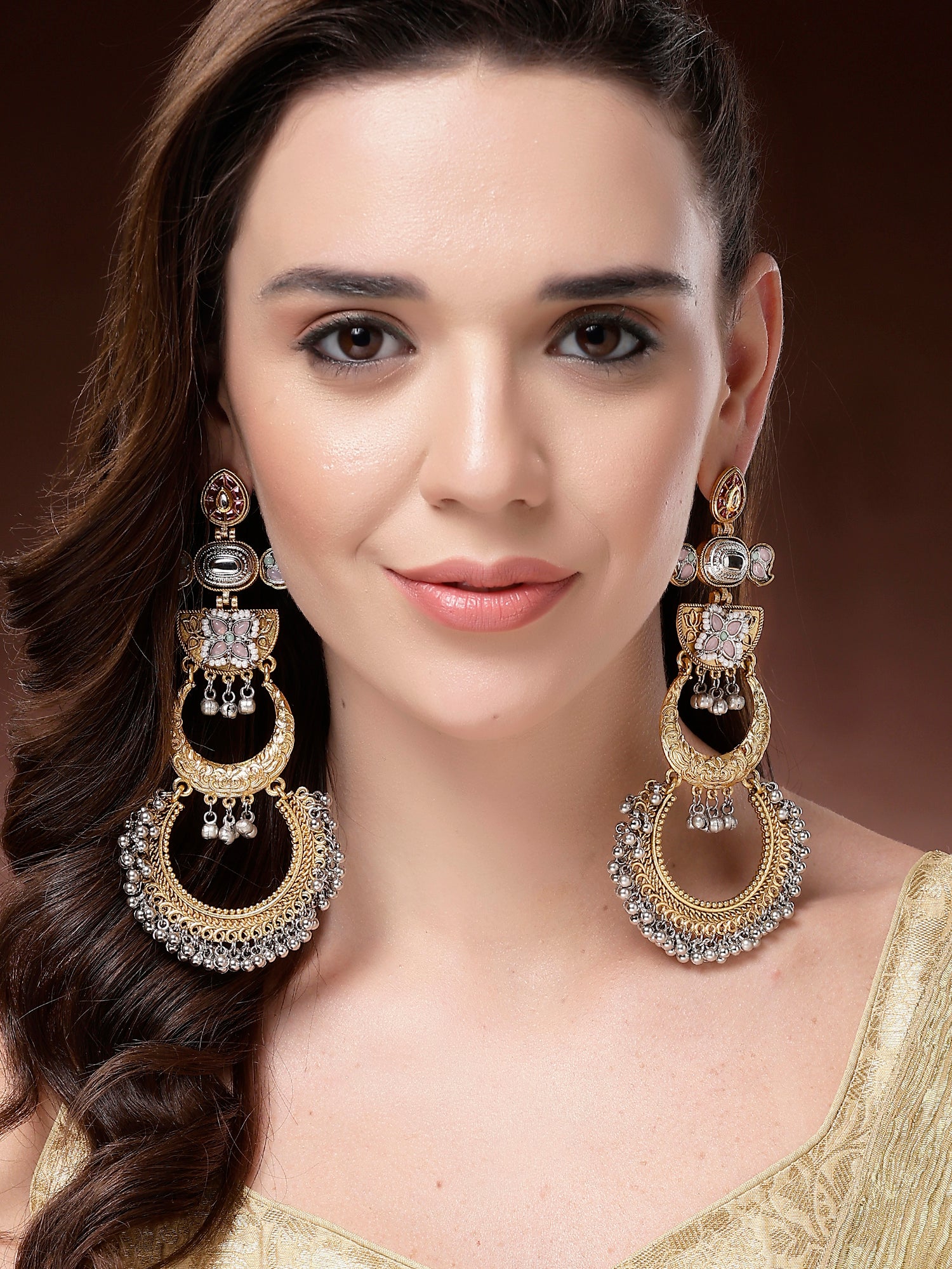 Karatcart Ethnic Gold-Plated Pink Stone Dual Chand Long Dangler Earrings for Women - view 3