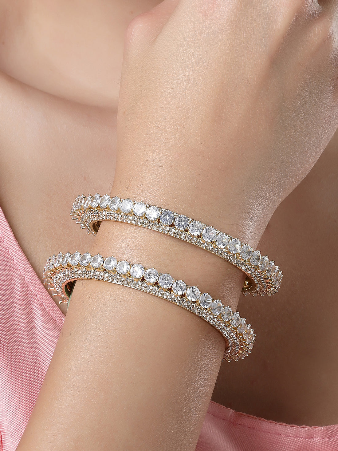Karatcart Set of 2 Gold Plated Round American Diamond Studded Bangles for Women