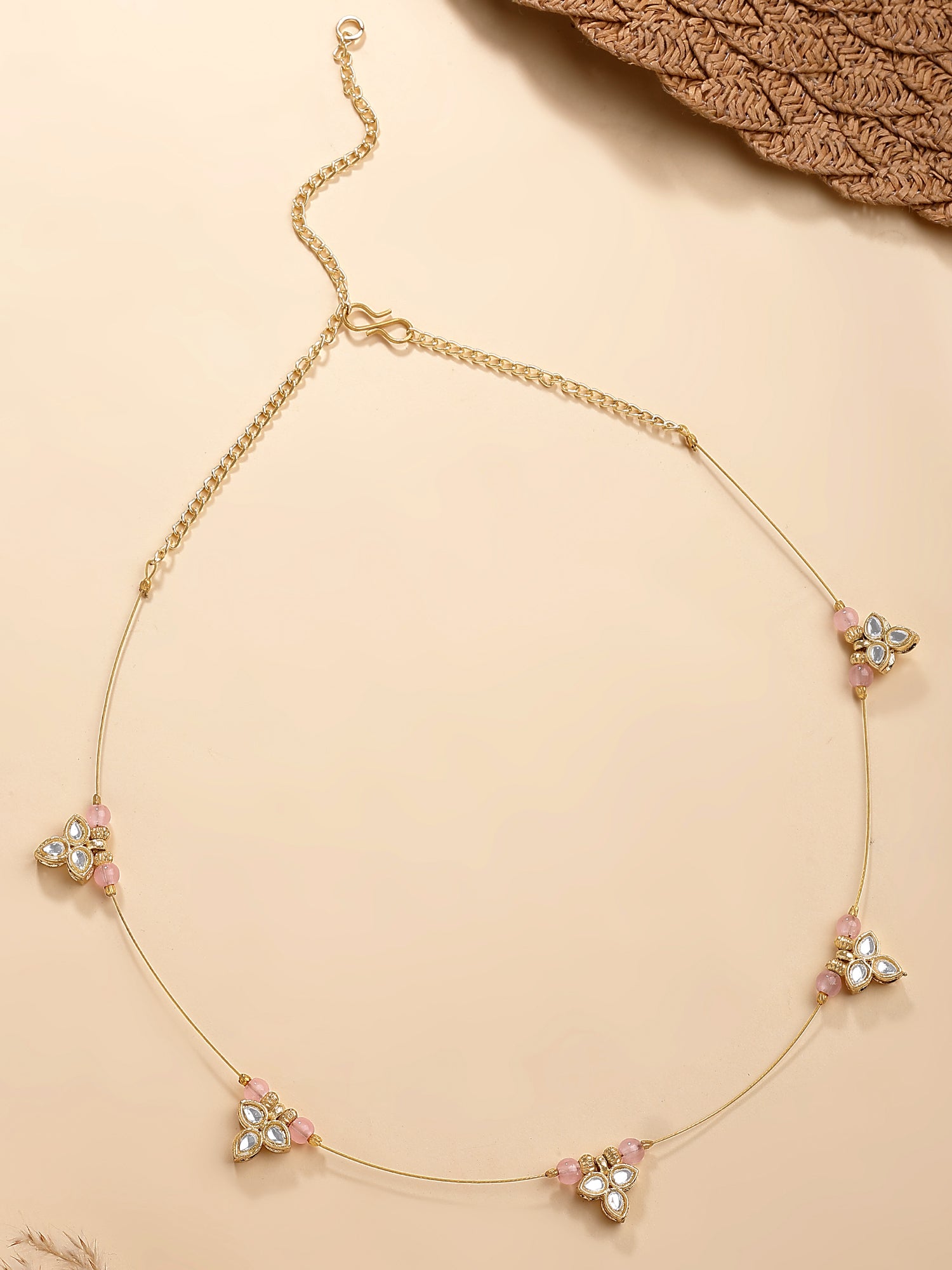 KARATCART Designer Gold-Plated Pink Beads Floral Kundan Minimalist Necklace for Women - Image 1