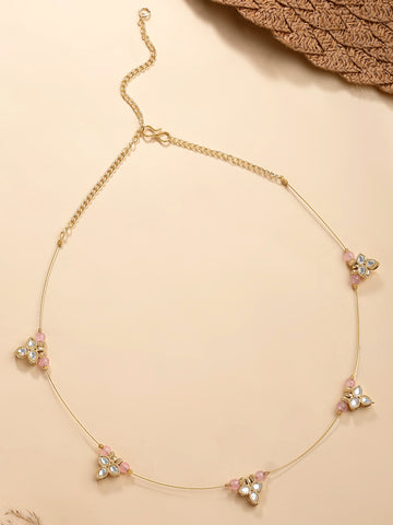 KARATCART Designer Gold-Plated Pink Beads Floral Kundan Minimalist Necklace for Women