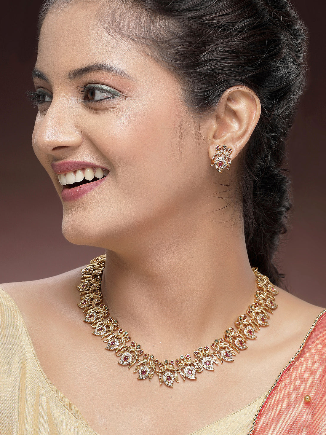 KARATCART Designer Gold-Plated Peacock Design American Diamond Temple Jewellery Set for Women